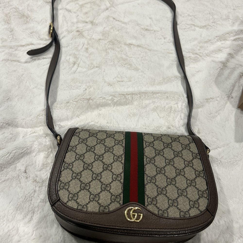 Gucci Beige GG Canvas Crossbody Bag with Green and Red Stripe